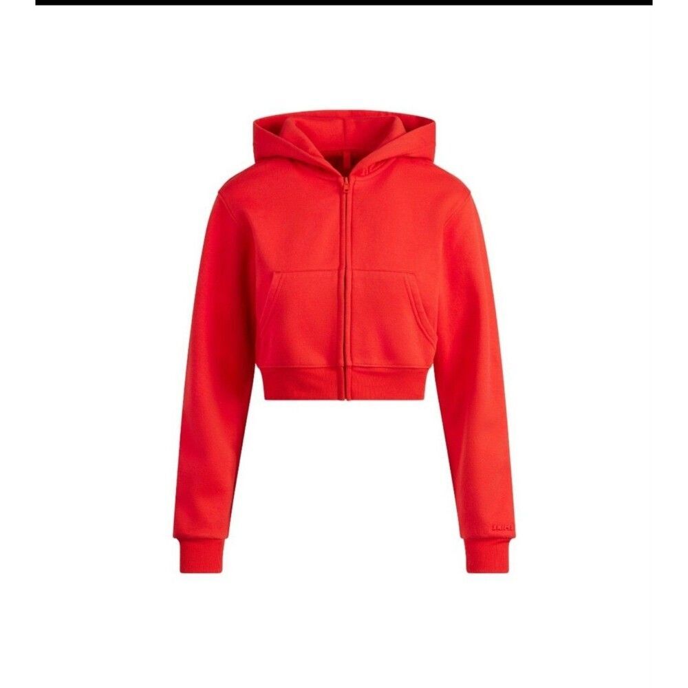 Skims Cotton Fleece Cropped Zip Up Hooded sweatshirt Ruby